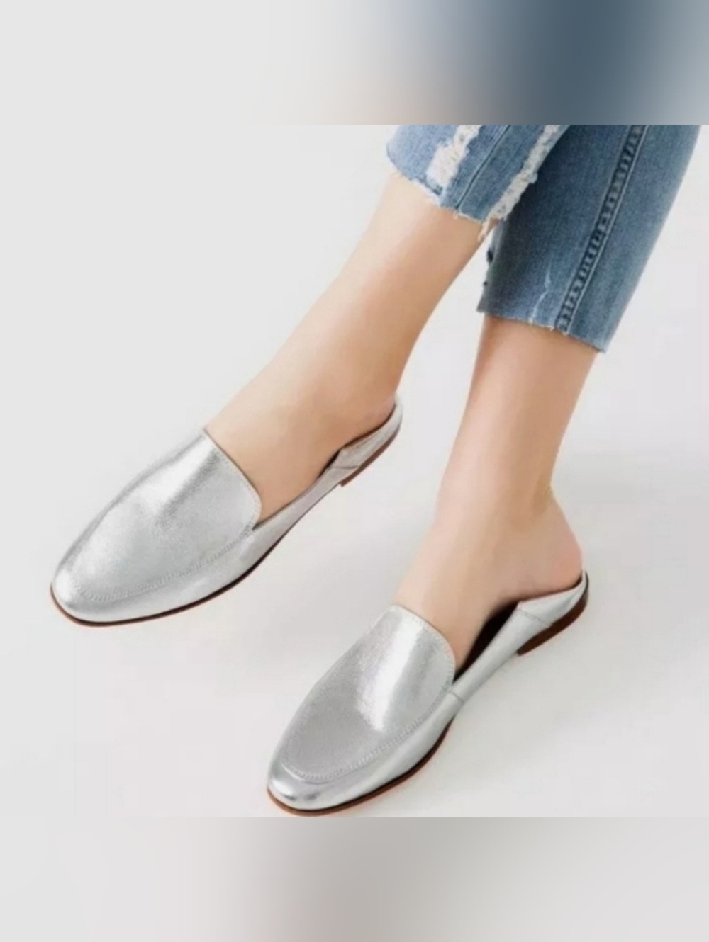 ZARA Basic Metallic Silver Leather Loafer / Slip-On Mule